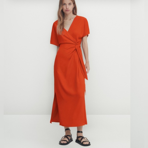 =MassimoDutti- CROSSOVER MIDI DRESS WITH TIE DETAIL In Size M - Picture 14 of 14